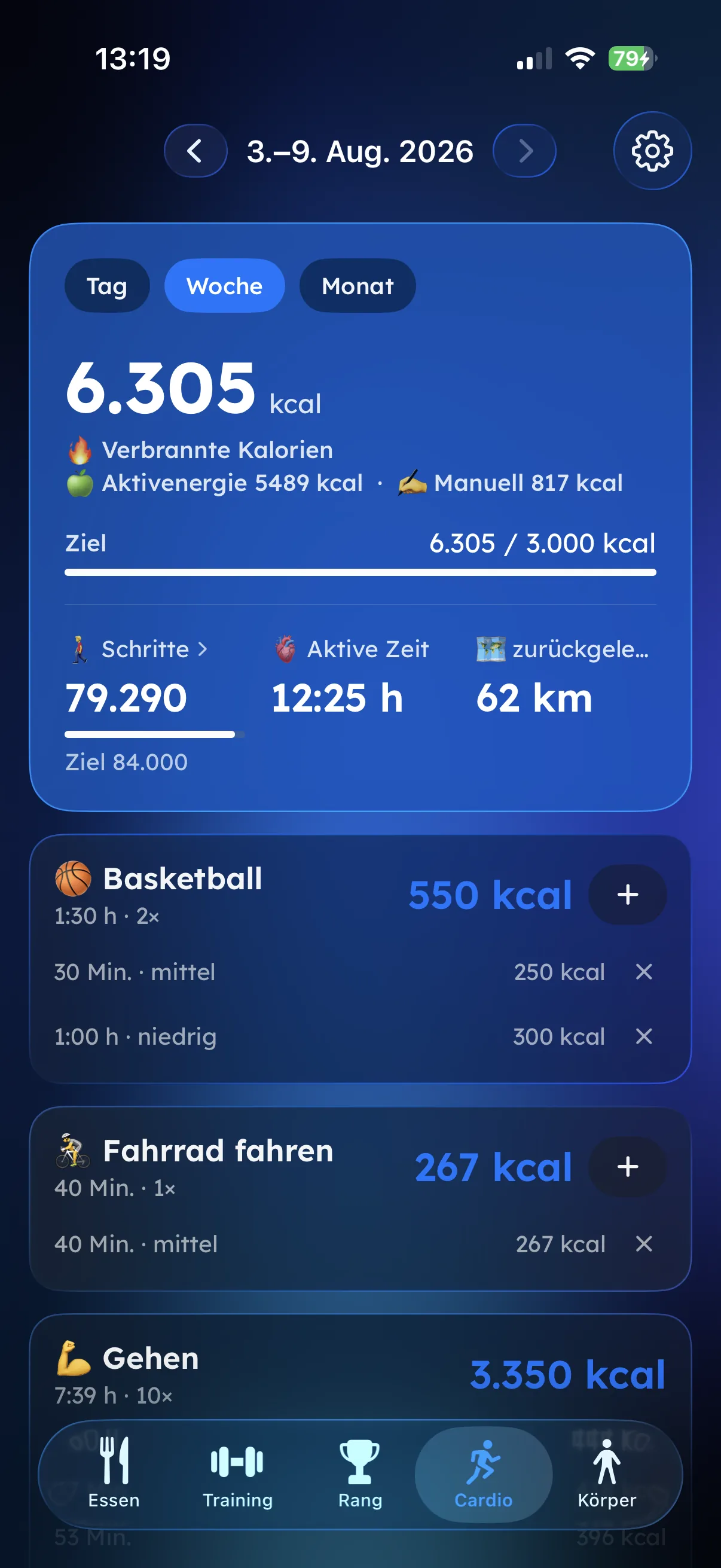 Cardio- und Schritte-Wochenübersicht in Fitaino