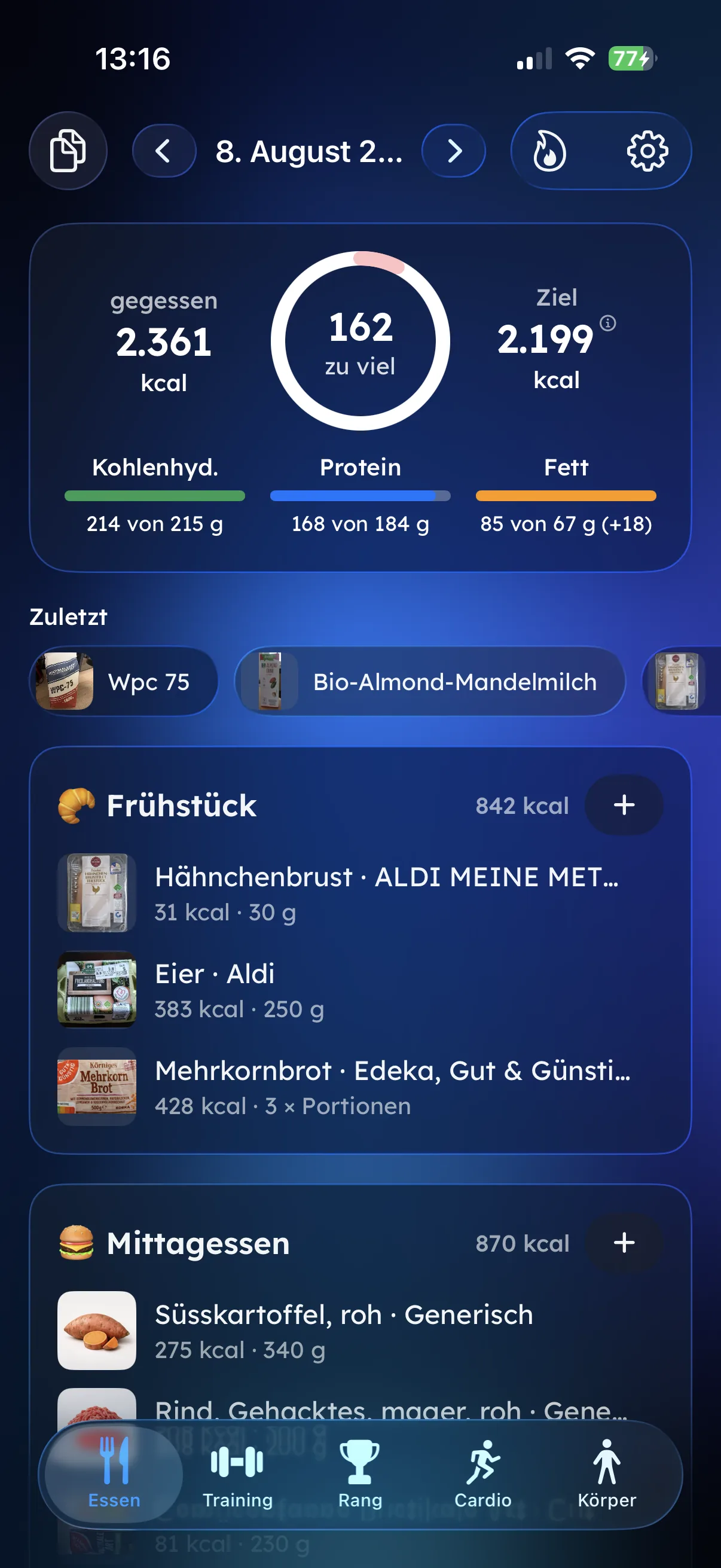 Fitaino Ernährungstagebuch mit Kalorienring und Makros